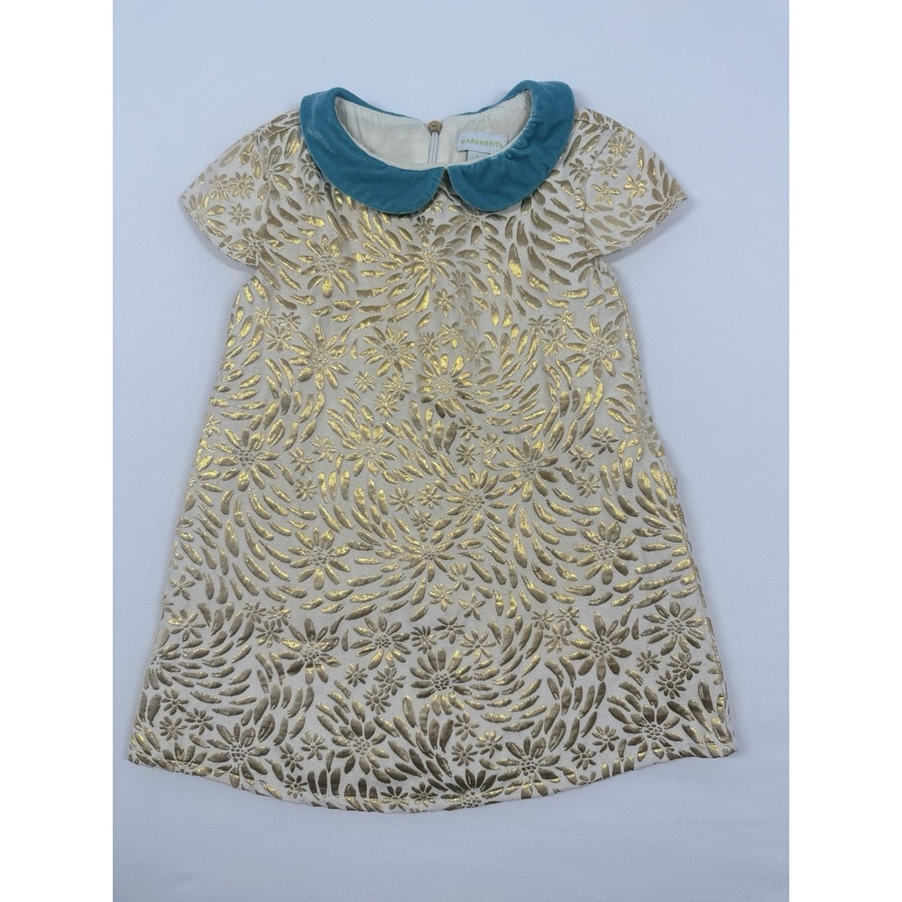 Girl's Gold Metallic Brocade Dress with Velvet Collar by Margherita  - Sz: 2